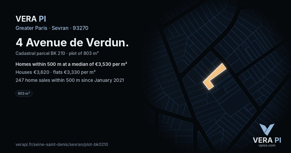 4 Avenue de Verdun, Sevran at night – the plot lit, the parcels around coloured by the prices near them