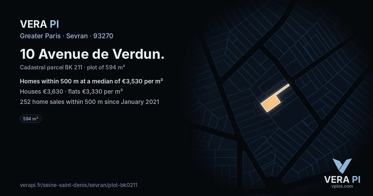 10 Avenue de Verdun, Sevran at night – the plot lit, the parcels around coloured by the prices near them
