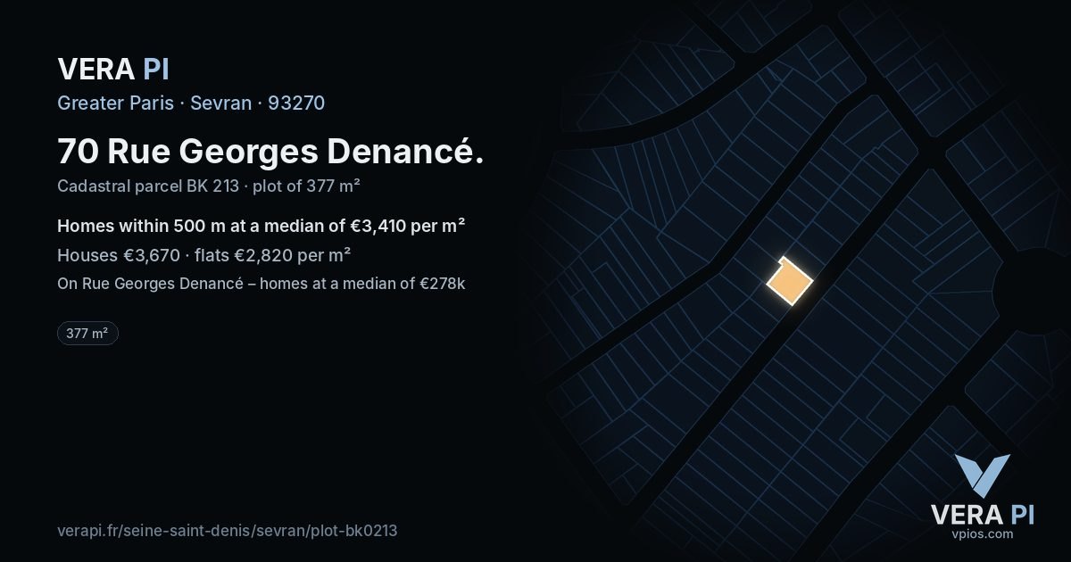 70 Rue Georges Denancé, Sevran at night – the plot lit, the parcels around coloured by the prices near them