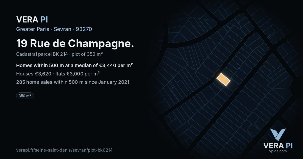 19 Rue de Champagne, Sevran at night – the plot lit, the parcels around coloured by the prices near them