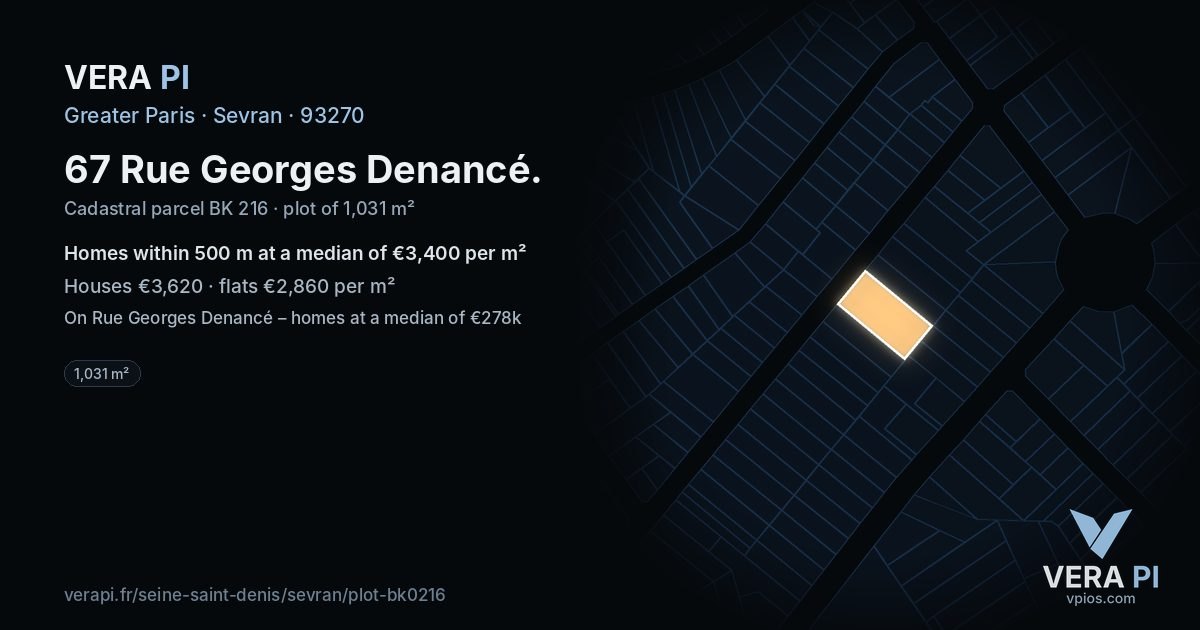 67 Rue Georges Denancé, Sevran at night – the plot lit, the parcels around coloured by the prices near them