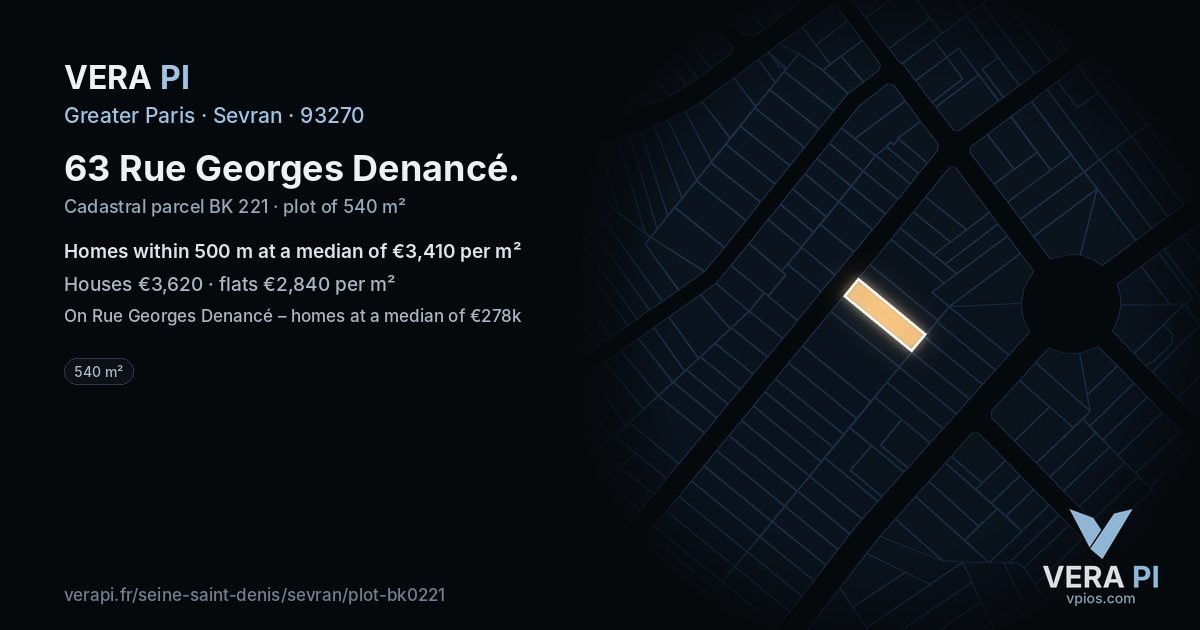 63 Rue Georges Denancé, Sevran at night – the plot lit, the parcels around coloured by the prices near them