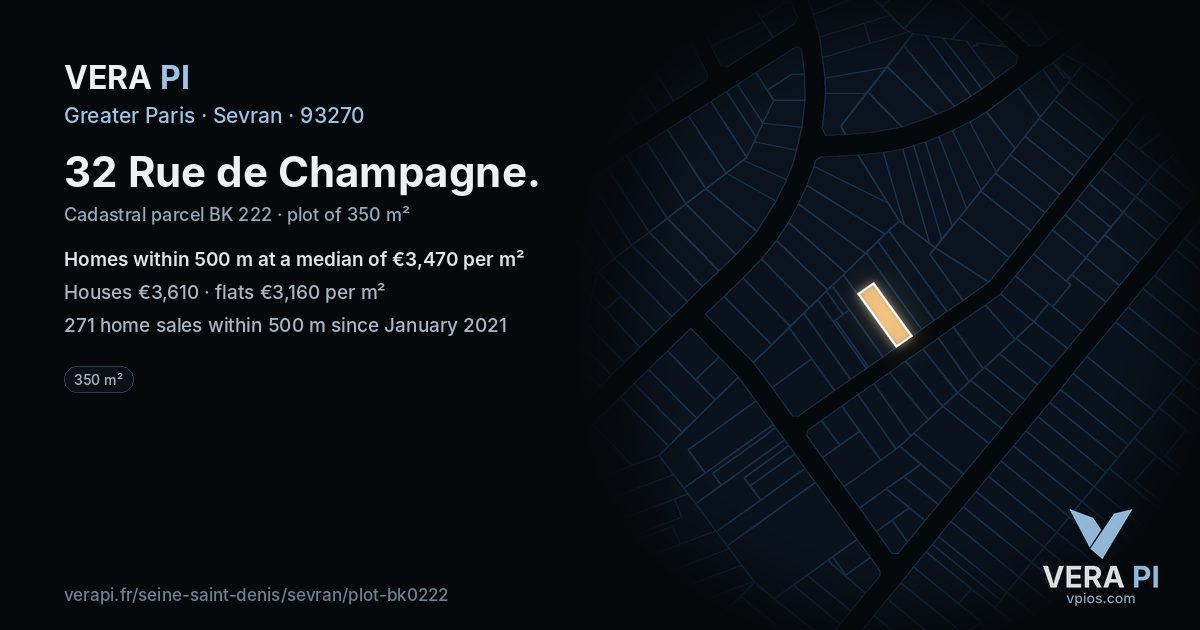 32 Rue de Champagne, Sevran at night – the plot lit, the parcels around coloured by the prices near them