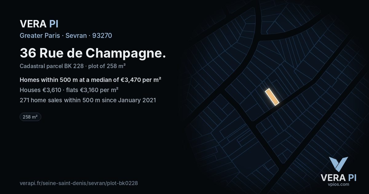 36 Rue de Champagne, Sevran at night – the plot lit, the parcels around coloured by the prices near them