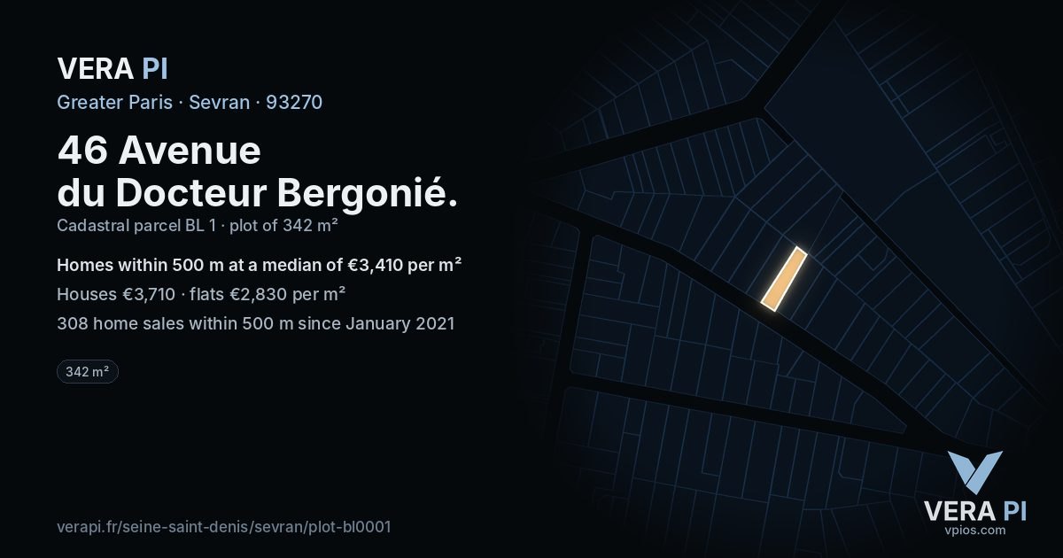 46 Avenue du Docteur Bergonié, Sevran at night – the plot lit, the parcels around coloured by the prices near them