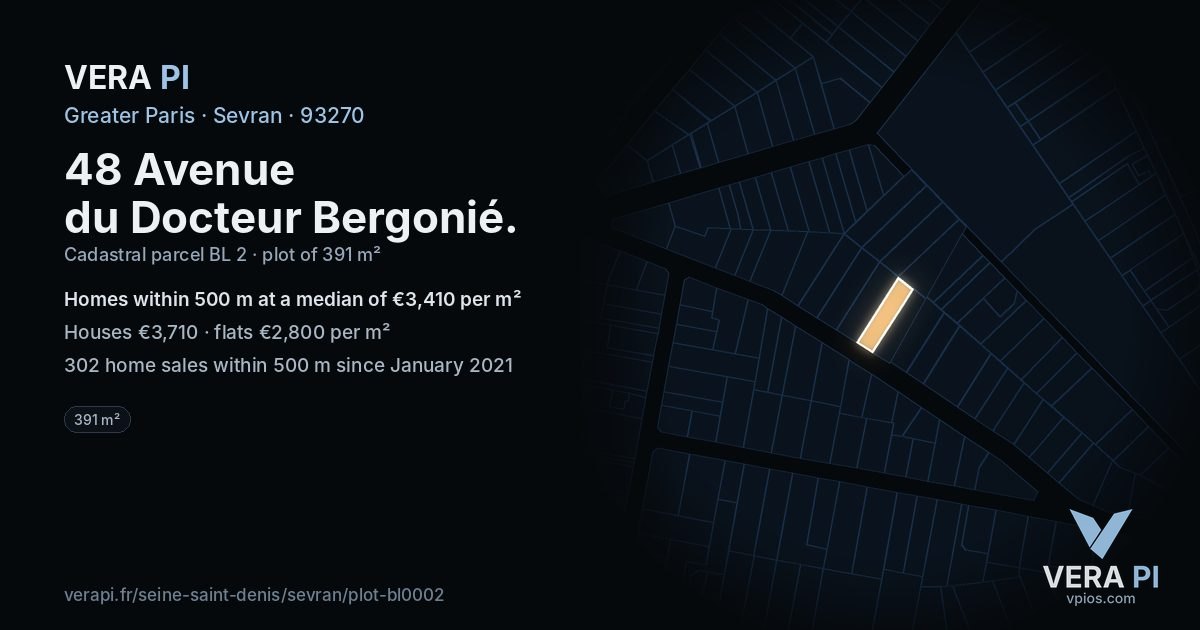 48 Avenue du Docteur Bergonié, Sevran at night – the plot lit, the parcels around coloured by the prices near them