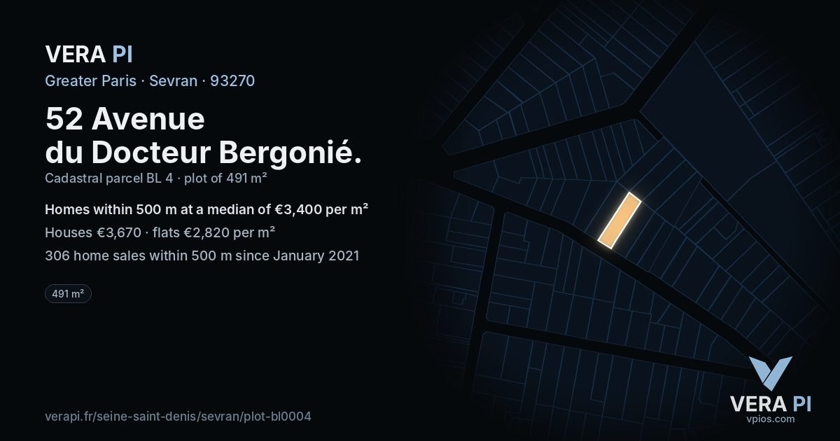 52 Avenue du Docteur Bergonié, Sevran at night – the plot lit, the parcels around coloured by the prices near them