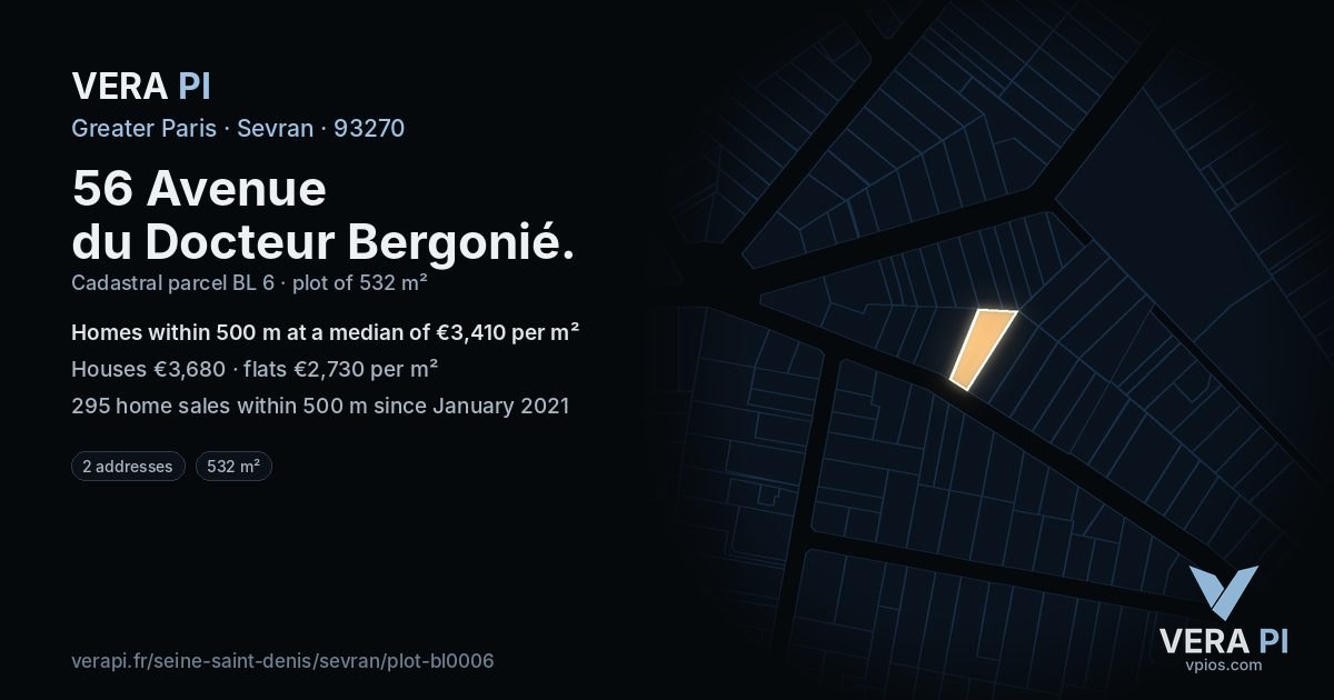 56 Avenue du Docteur Bergonié, Sevran at night – the plot lit, the parcels around coloured by the prices near them
