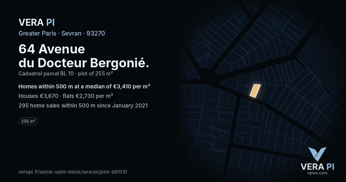 64 Avenue du Docteur Bergonié, Sevran at night – the plot lit, the parcels around coloured by the prices near them