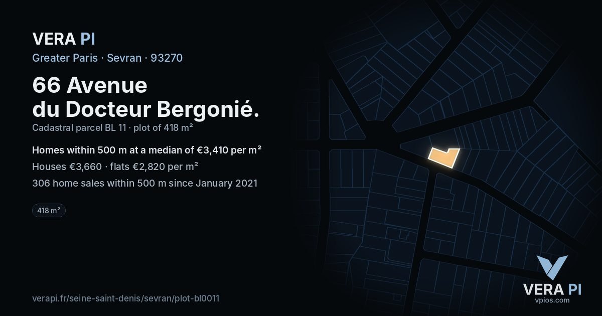 66 Avenue du Docteur Bergonié, Sevran at night – the plot lit, the parcels around coloured by the prices near them