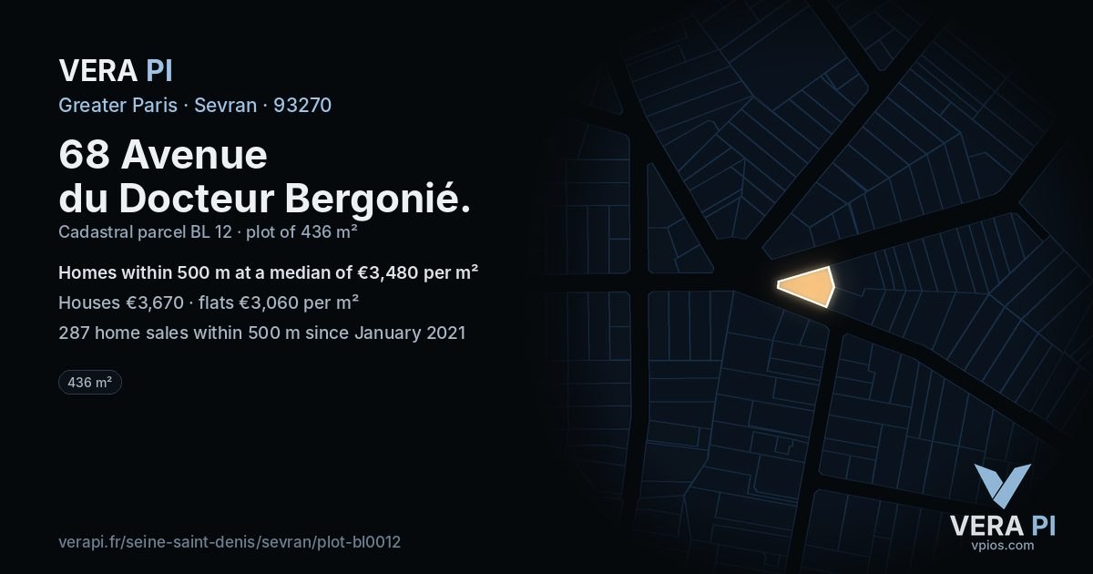 68 Avenue du Docteur Bergonié, Sevran at night – the plot lit, the parcels around coloured by the prices near them
