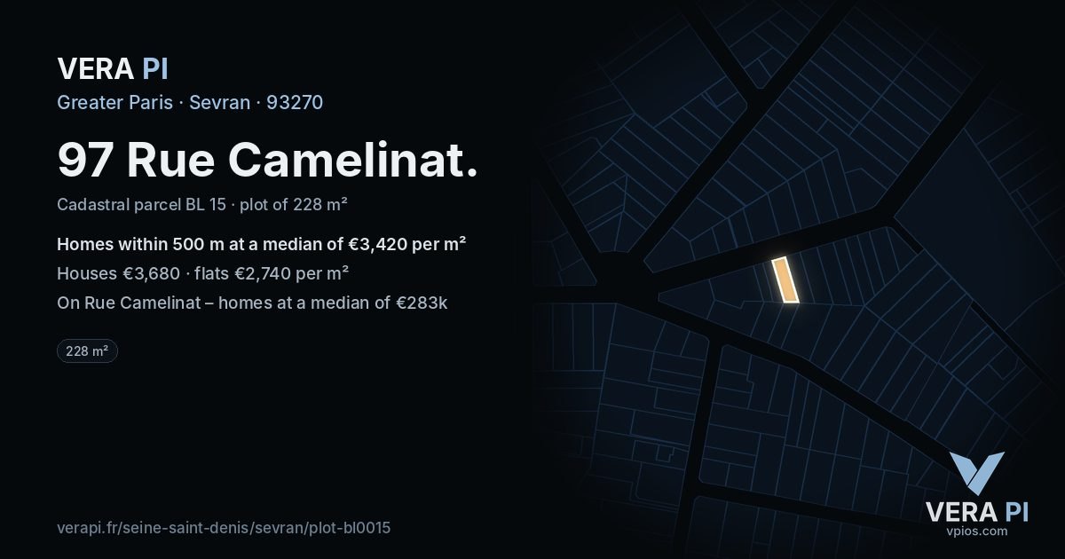 97 Rue Camelinat, Sevran at night – the plot lit, the parcels around coloured by the prices near them
