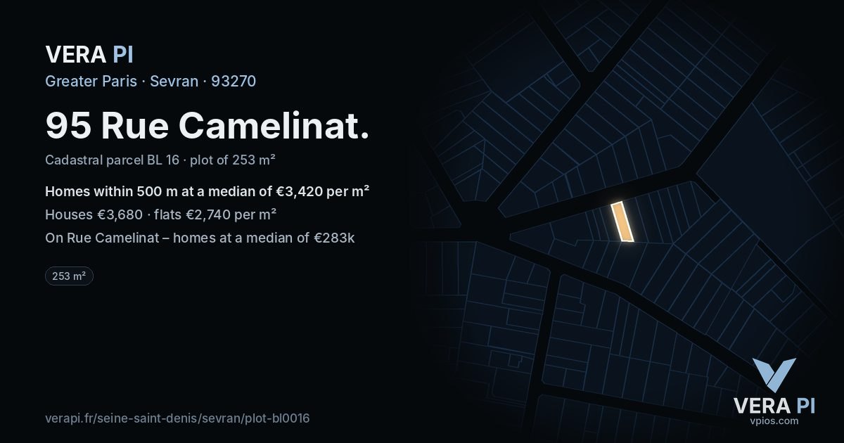 95 Rue Camelinat, Sevran at night – the plot lit, the parcels around coloured by the prices near them