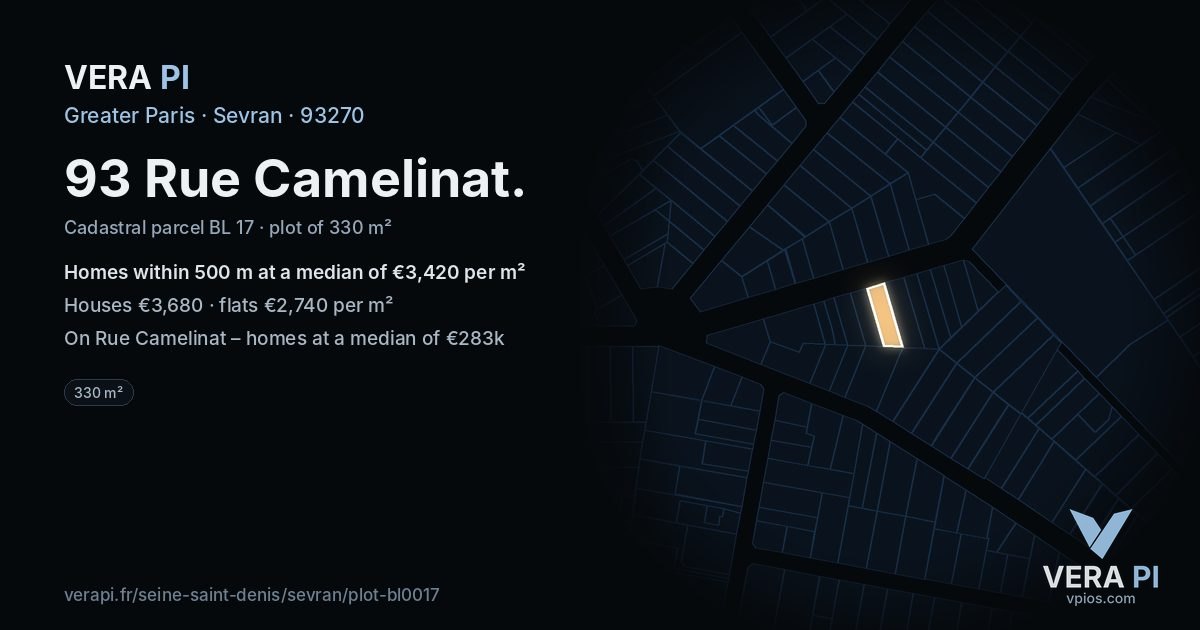 93 Rue Camelinat, Sevran at night – the plot lit, the parcels around coloured by the prices near them