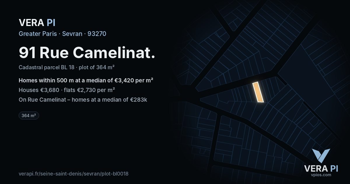 91 Rue Camelinat, Sevran at night – the plot lit, the parcels around coloured by the prices near them