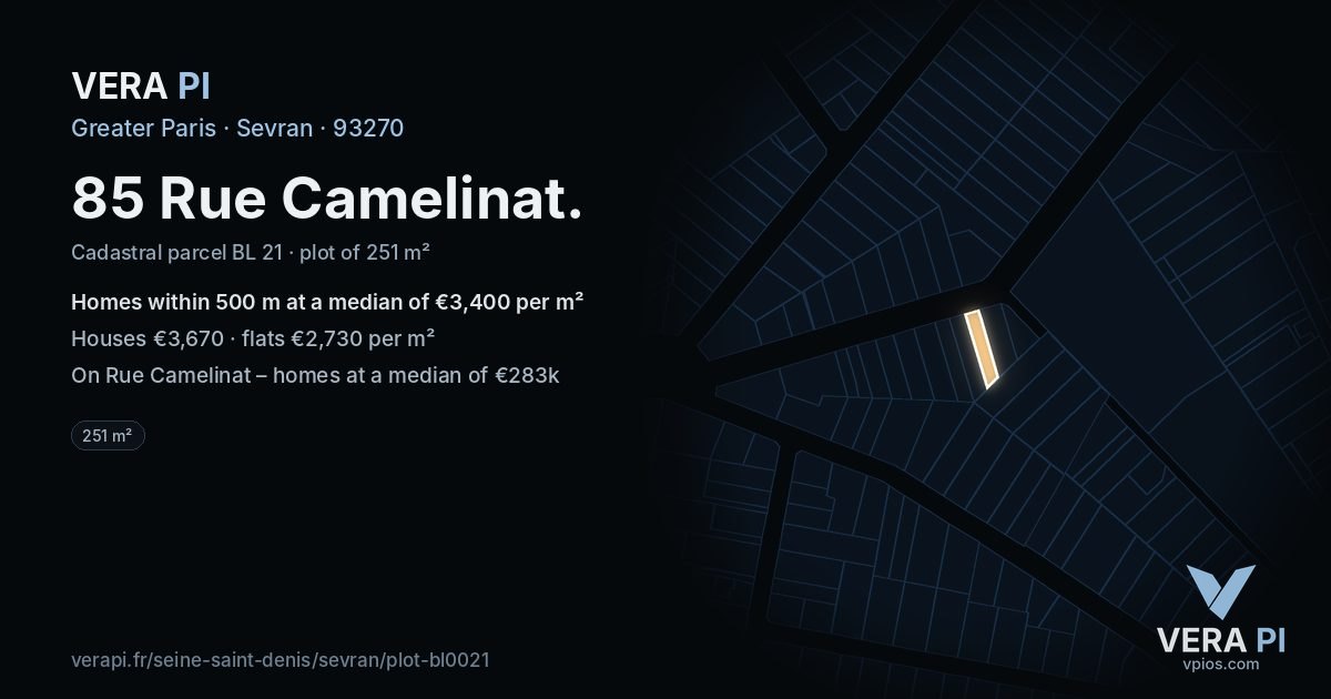 85 Rue Camelinat, Sevran at night – the plot lit, the parcels around coloured by the prices near them