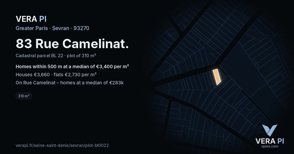 83 Rue Camelinat, Sevran at night – the plot lit, the parcels around coloured by the prices near them