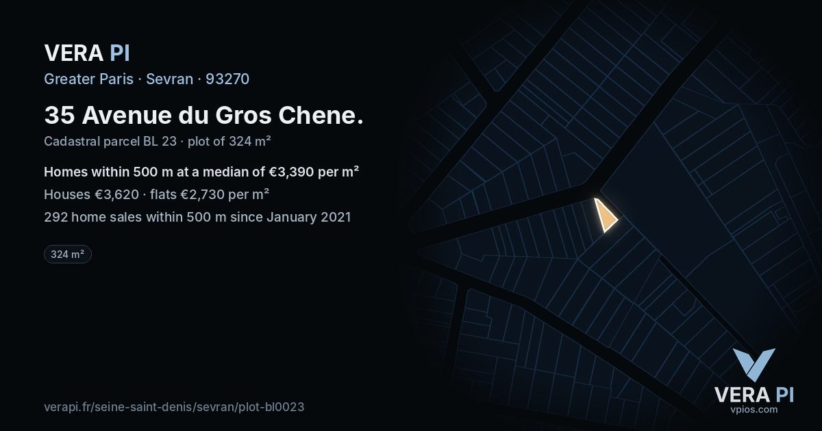 35 Avenue du Gros Chene, Sevran at night – the plot lit, the parcels around coloured by the prices near them