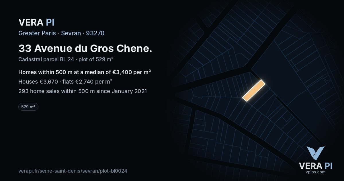 33 Avenue du Gros Chene, Sevran at night – the plot lit, the parcels around coloured by the prices near them