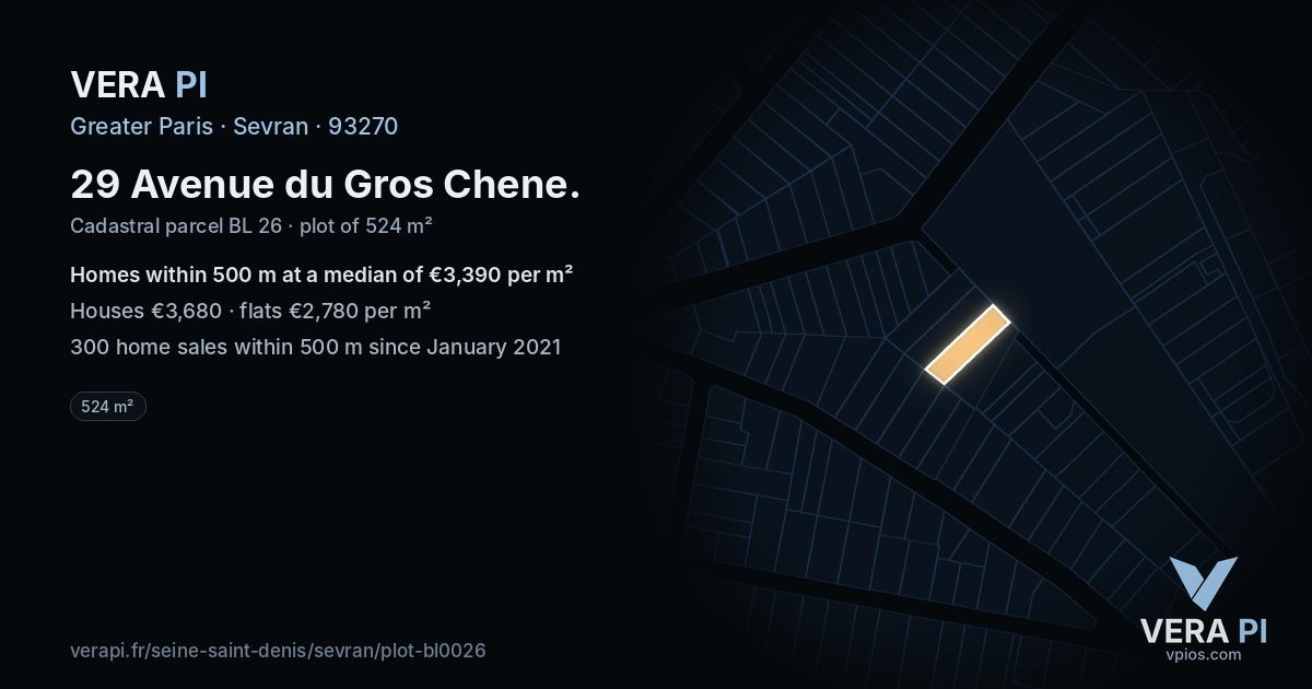 29 Avenue du Gros Chene, Sevran at night – the plot lit, the parcels around coloured by the prices near them