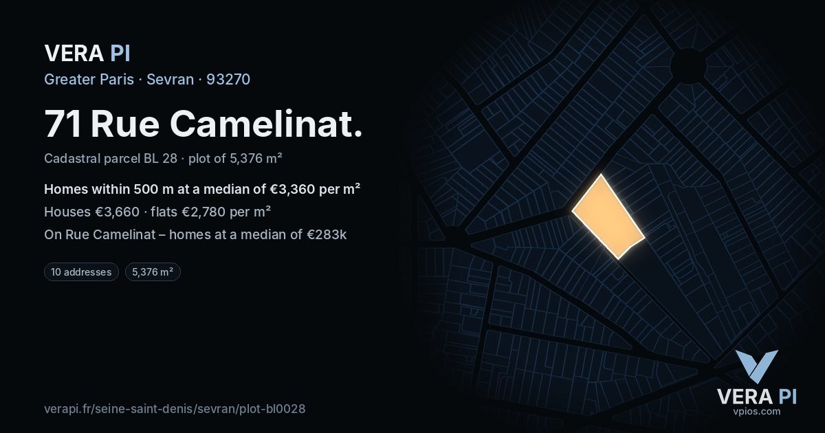 71 Rue Camelinat, Sevran at night – the plot lit, the parcels around coloured by the prices near them