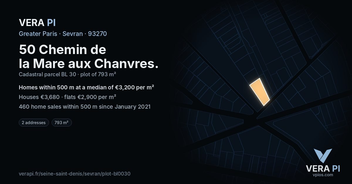 50 Chemin de la Mare aux Chanvres, Sevran at night – the plot lit, the parcels around coloured by the prices near them