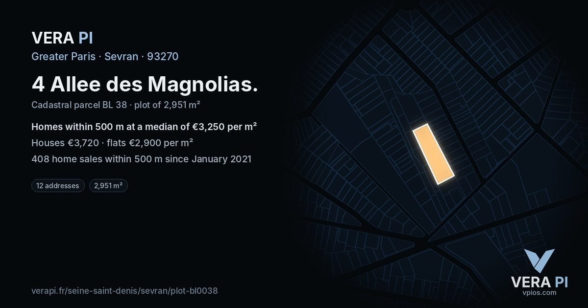 4 Allee des Magnolias, Sevran at night – the plot lit, the parcels around coloured by the prices near them