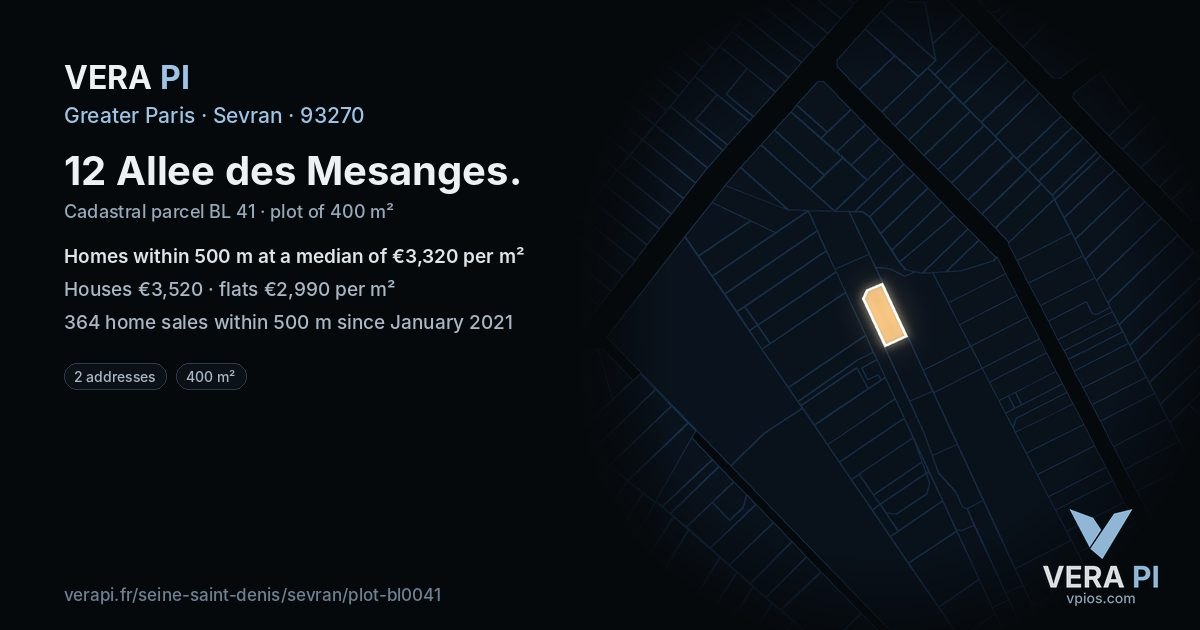12 Allee des Mesanges, Sevran at night – the plot lit, the parcels around coloured by the prices near them
