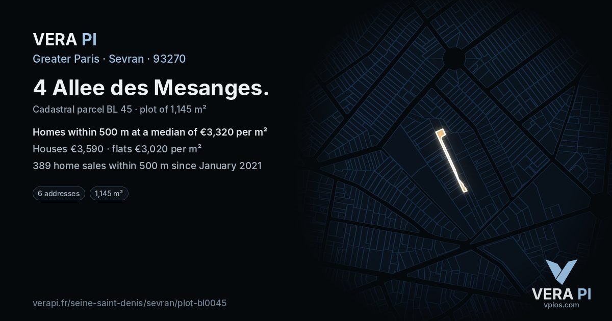 4 Allee des Mesanges, Sevran at night – the plot lit, the parcels around coloured by the prices near them
