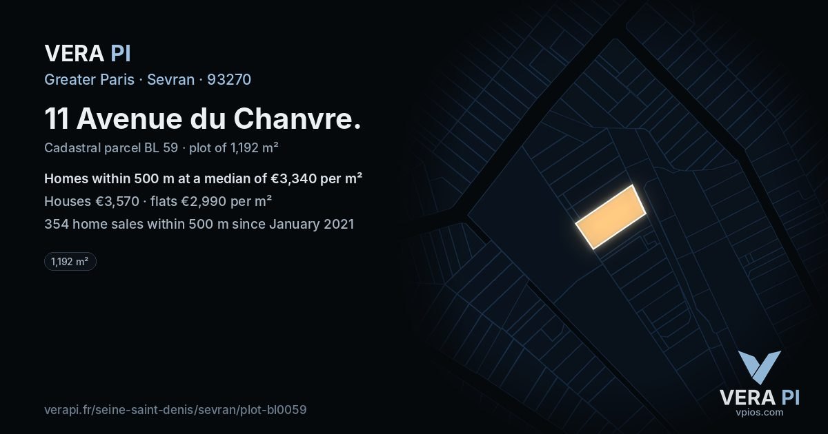 11 Avenue du Chanvre, Sevran at night – the plot lit, the parcels around coloured by the prices near them