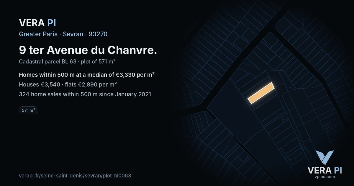 9 ter Avenue du Chanvre, Sevran at night – the plot lit, the parcels around coloured by the prices near them