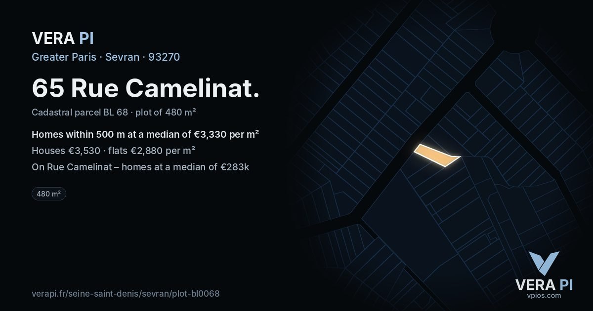 65 Rue Camelinat, Sevran at night – the plot lit, the parcels around coloured by the prices near them