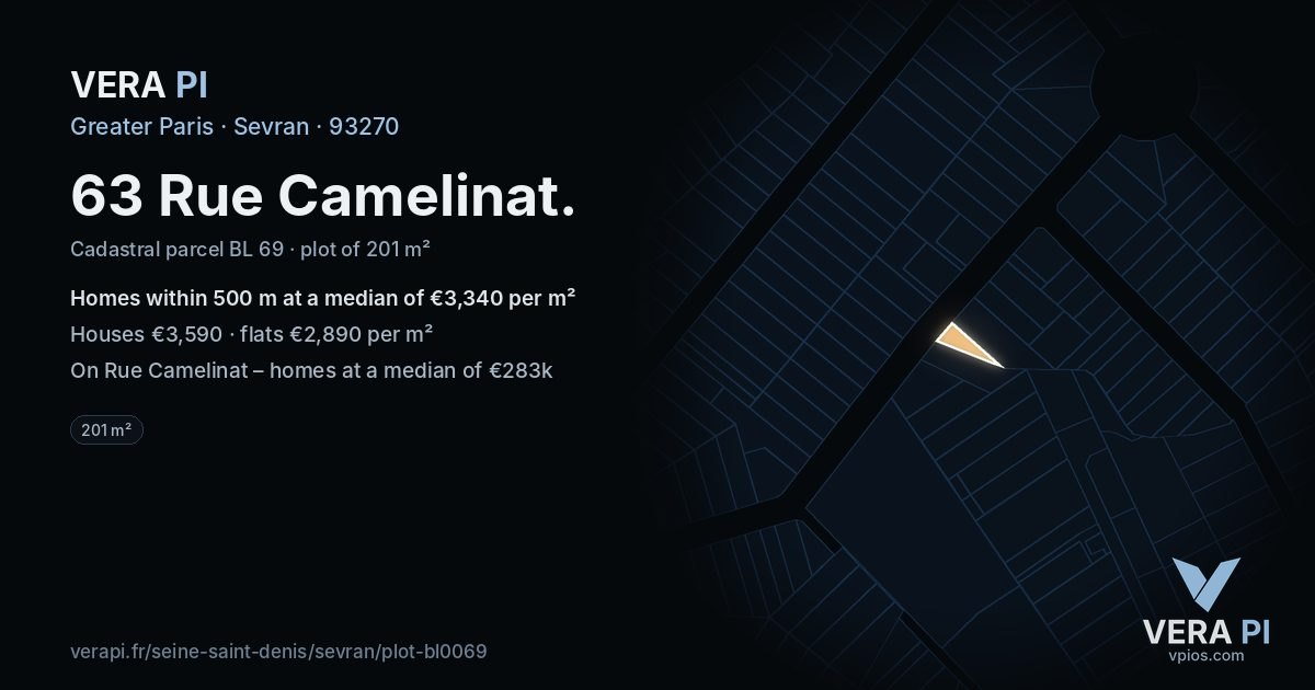 63 Rue Camelinat, Sevran at night – the plot lit, the parcels around coloured by the prices near them