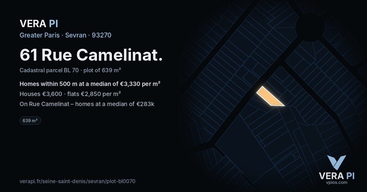 61 Rue Camelinat, Sevran at night – the plot lit, the parcels around coloured by the prices near them