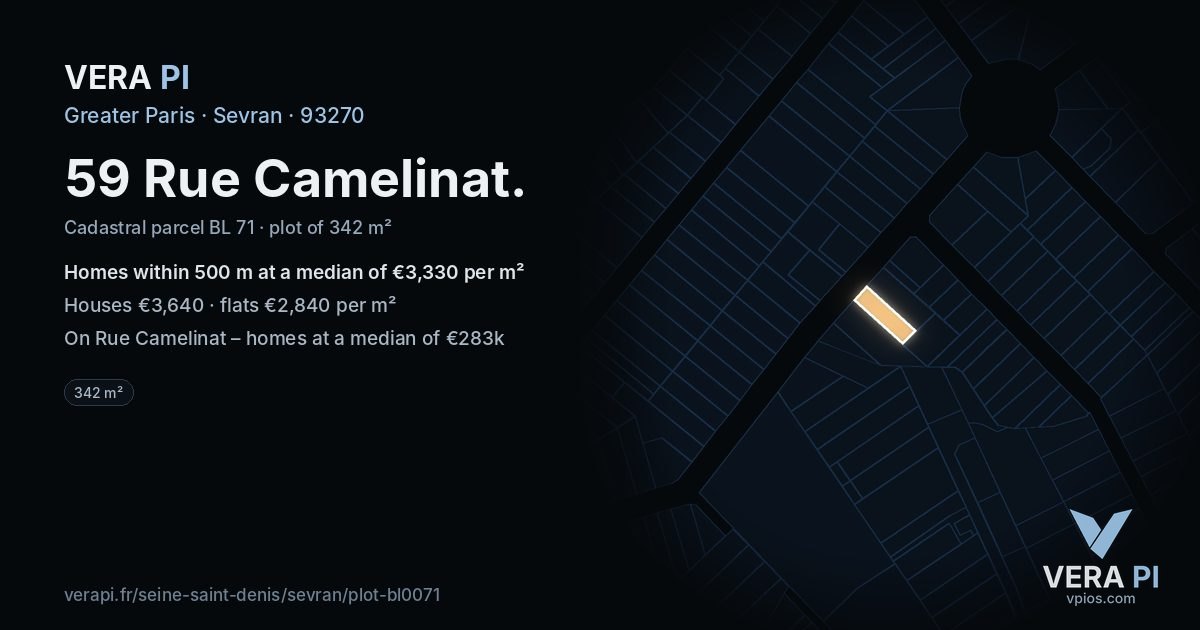 59 Rue Camelinat, Sevran at night – the plot lit, the parcels around coloured by the prices near them