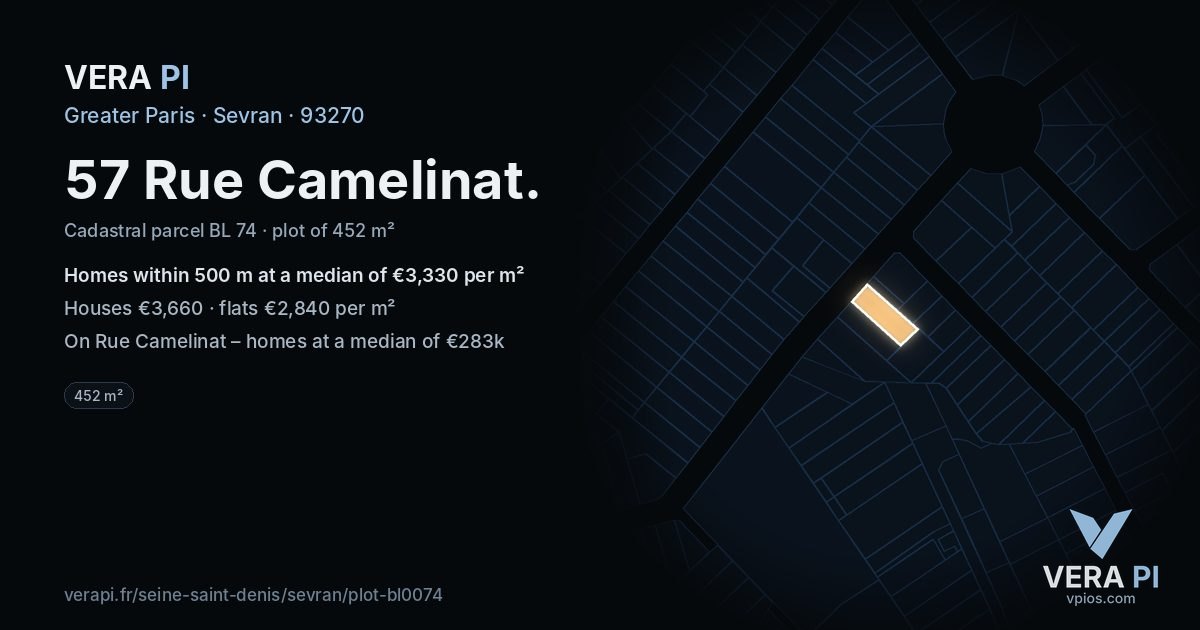 57 Rue Camelinat, Sevran at night – the plot lit, the parcels around coloured by the prices near them