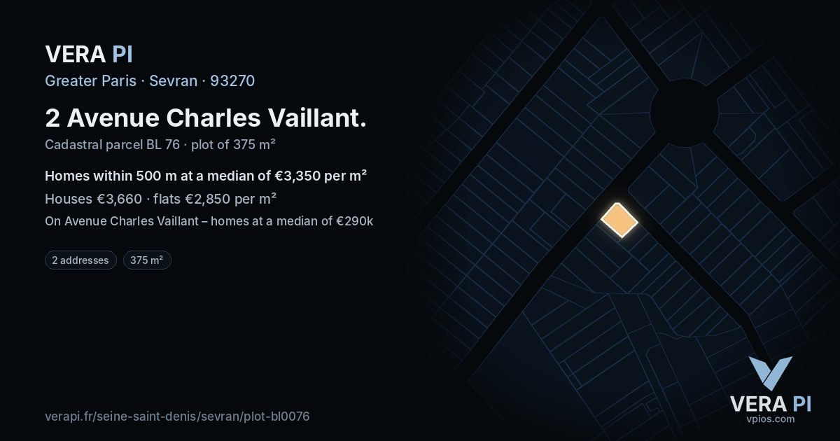 2 Avenue Charles Vaillant, Sevran at night – the plot lit, the parcels around coloured by the prices near them