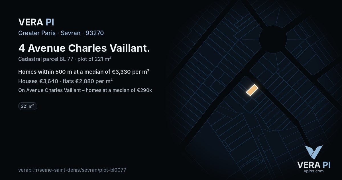 4 Avenue Charles Vaillant, Sevran at night – the plot lit, the parcels around coloured by the prices near them