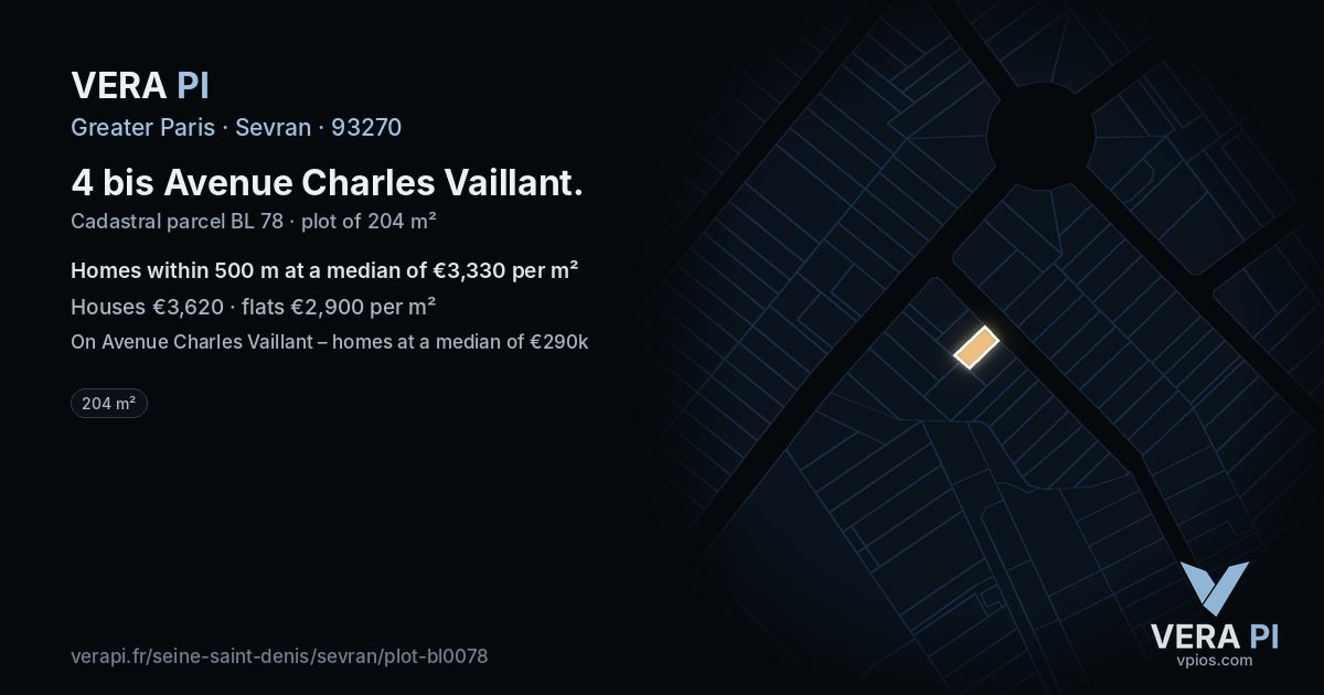 4 bis Avenue Charles Vaillant, Sevran at night – the plot lit, the parcels around coloured by the prices near them