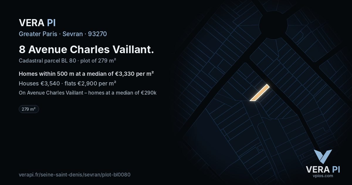 8 Avenue Charles Vaillant, Sevran at night – the plot lit, the parcels around coloured by the prices near them