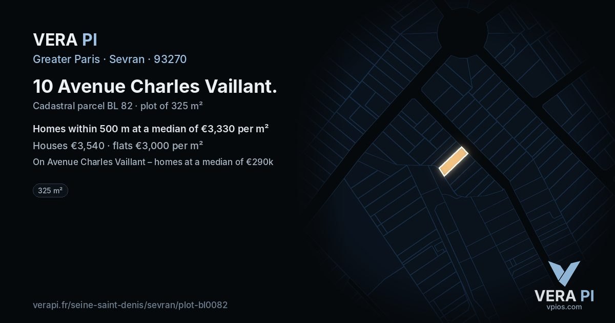 10 Avenue Charles Vaillant, Sevran at night – the plot lit, the parcels around coloured by the prices near them