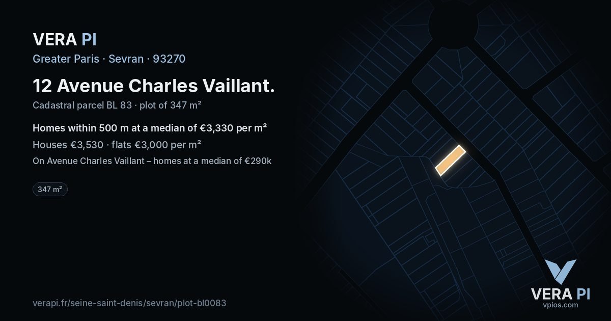 12 Avenue Charles Vaillant, Sevran at night – the plot lit, the parcels around coloured by the prices near them