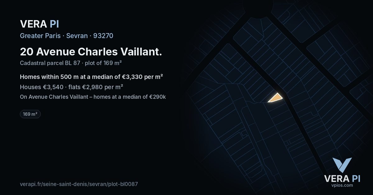20 Avenue Charles Vaillant, Sevran at night – the plot lit, the parcels around coloured by the prices near them