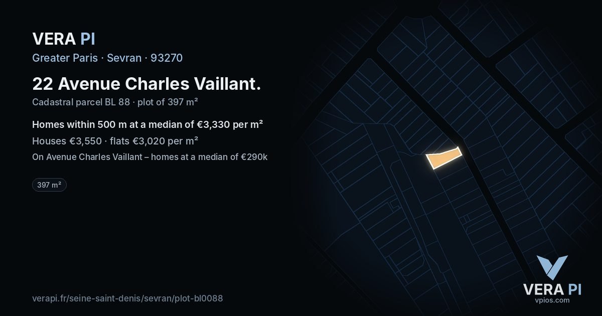 22 Avenue Charles Vaillant, Sevran at night – the plot lit, the parcels around coloured by the prices near them