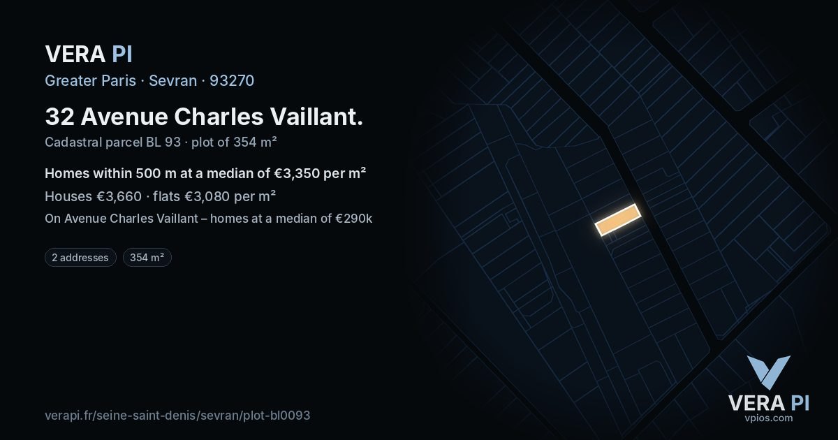 32 Avenue Charles Vaillant, Sevran at night – the plot lit, the parcels around coloured by the prices near them