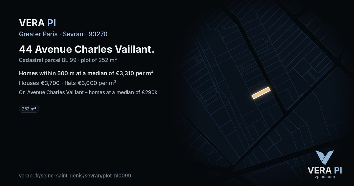 44 Avenue Charles Vaillant, Sevran at night – the plot lit, the parcels around coloured by the prices near them