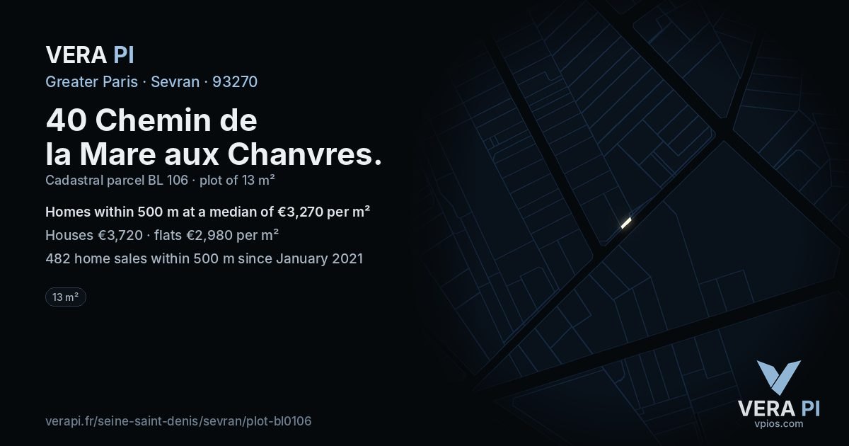 40 Chemin de la Mare aux Chanvres, Sevran at night – the plot lit, the parcels around coloured by the prices near them