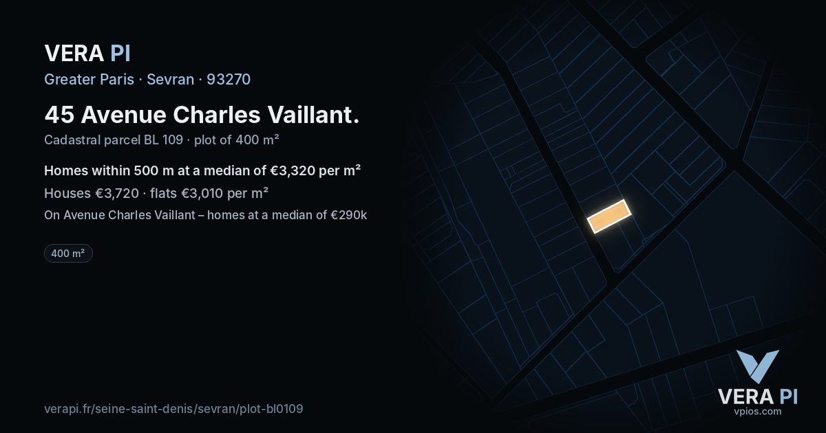 45 Avenue Charles Vaillant, Sevran at night – the plot lit, the parcels around coloured by the prices near them