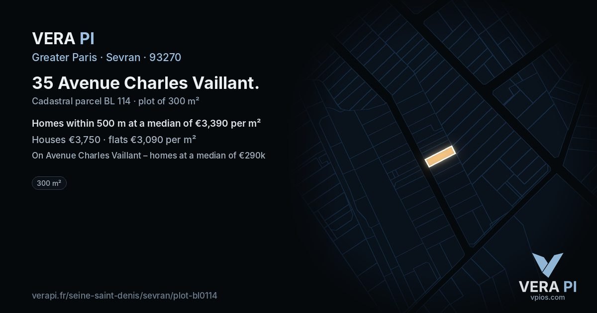 35 Avenue Charles Vaillant, Sevran at night – the plot lit, the parcels around coloured by the prices near them