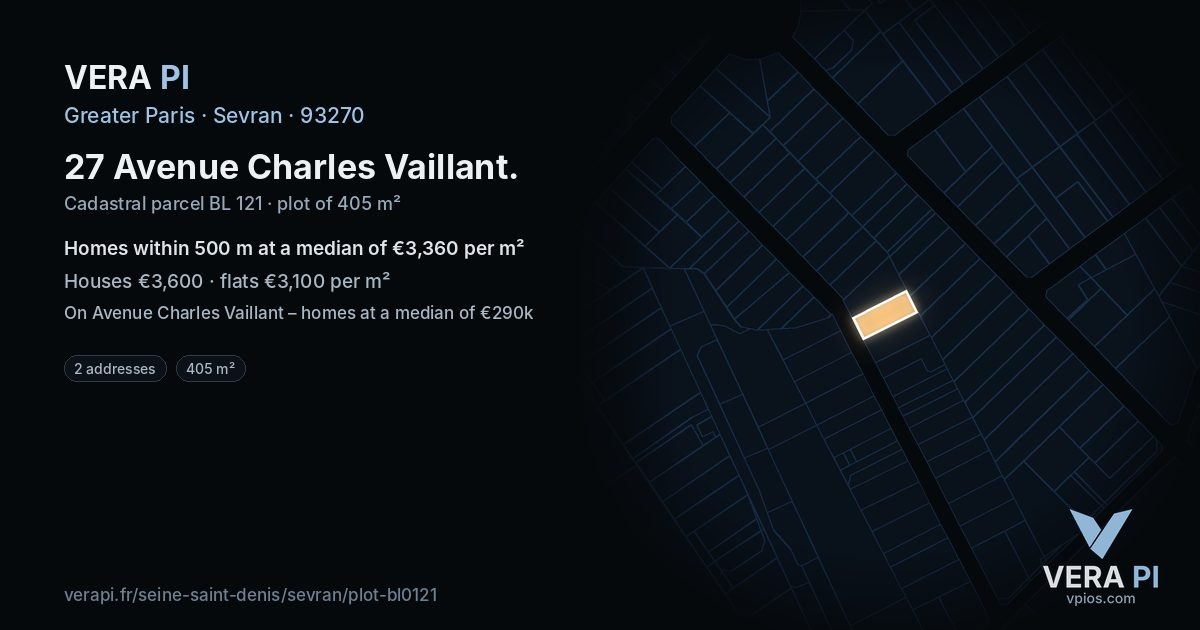 27 Avenue Charles Vaillant, Sevran at night – the plot lit, the parcels around coloured by the prices near them
